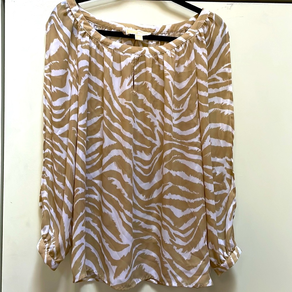 Michael Kors Open Long Sleeve Tan White Zebra Print Blouse Size Medium